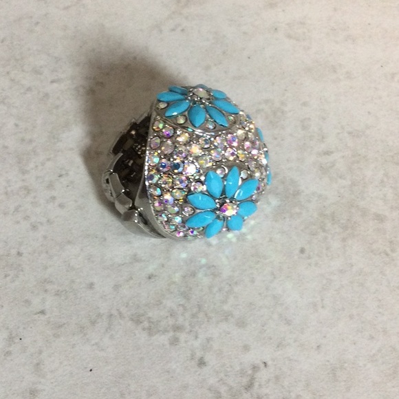 Turquoise flowers in rhinestones expandable silver ring - Picture 5 of 7